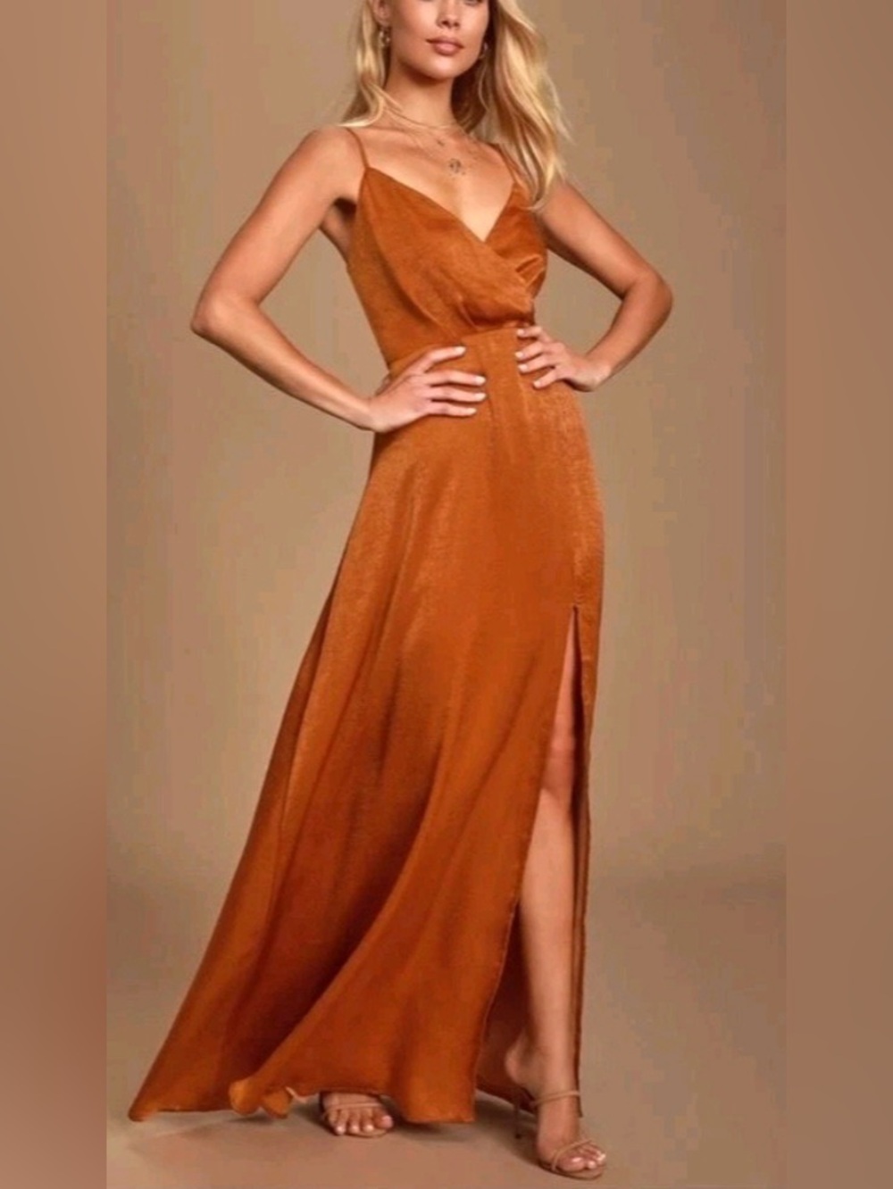 Lulu's Copper Satin Wrap Maxi Dress
